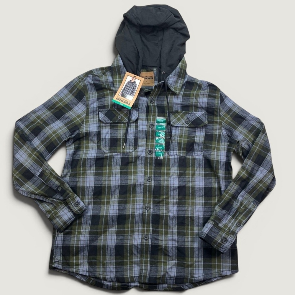 NEW Lucky Brand Men Large Hooded Flannel Shirt Slate Green Plaid Workwear 333965